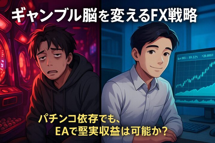 パチンコ依存から抜け出す男性が、EA（自動売買）で収益化を目指す様子。