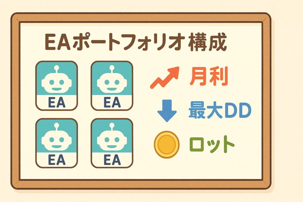 EAポートフォリオ構成を表す図。複数のEAアイコンと「月利」「最大DD」「ロット」の要素が表示されたシンプルなボード風イラスト