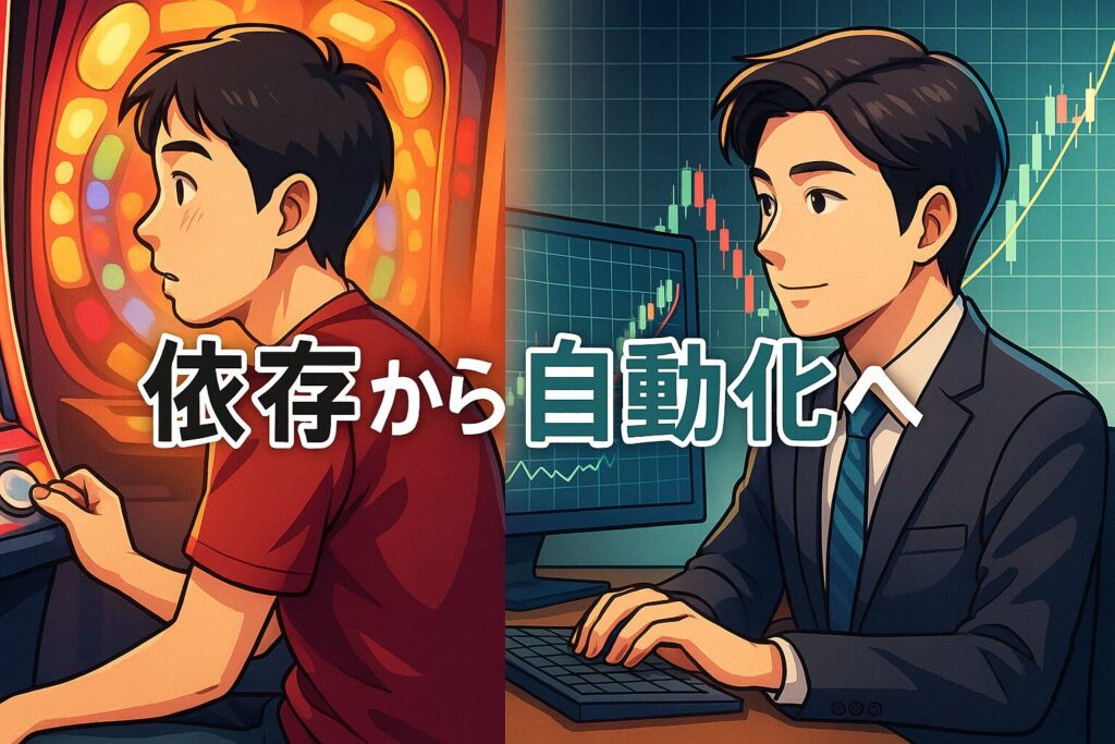パチンコ依存とFX自動売買の対比を描くイラスト