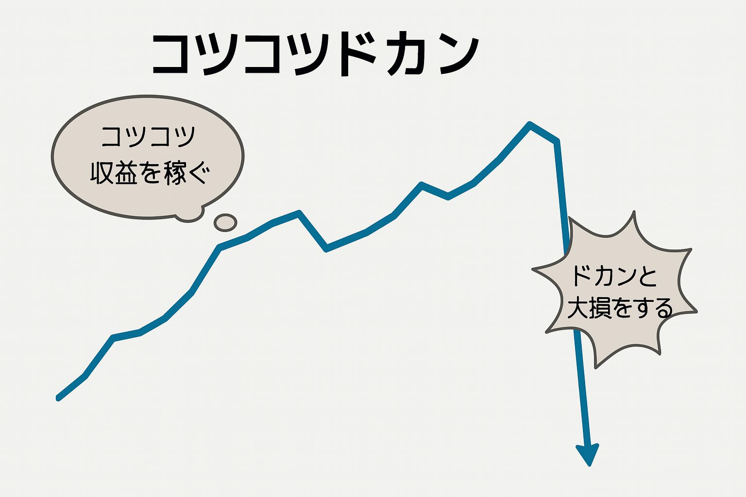 ナンピンマーチンゲール型EAが「コツコツドカン」で破綻するリスクを示したイメージ図